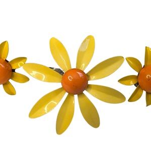 Vintage 60s Enamel Yellow Daisy Flower Brooch Pin and Clip Earrings Set Mod